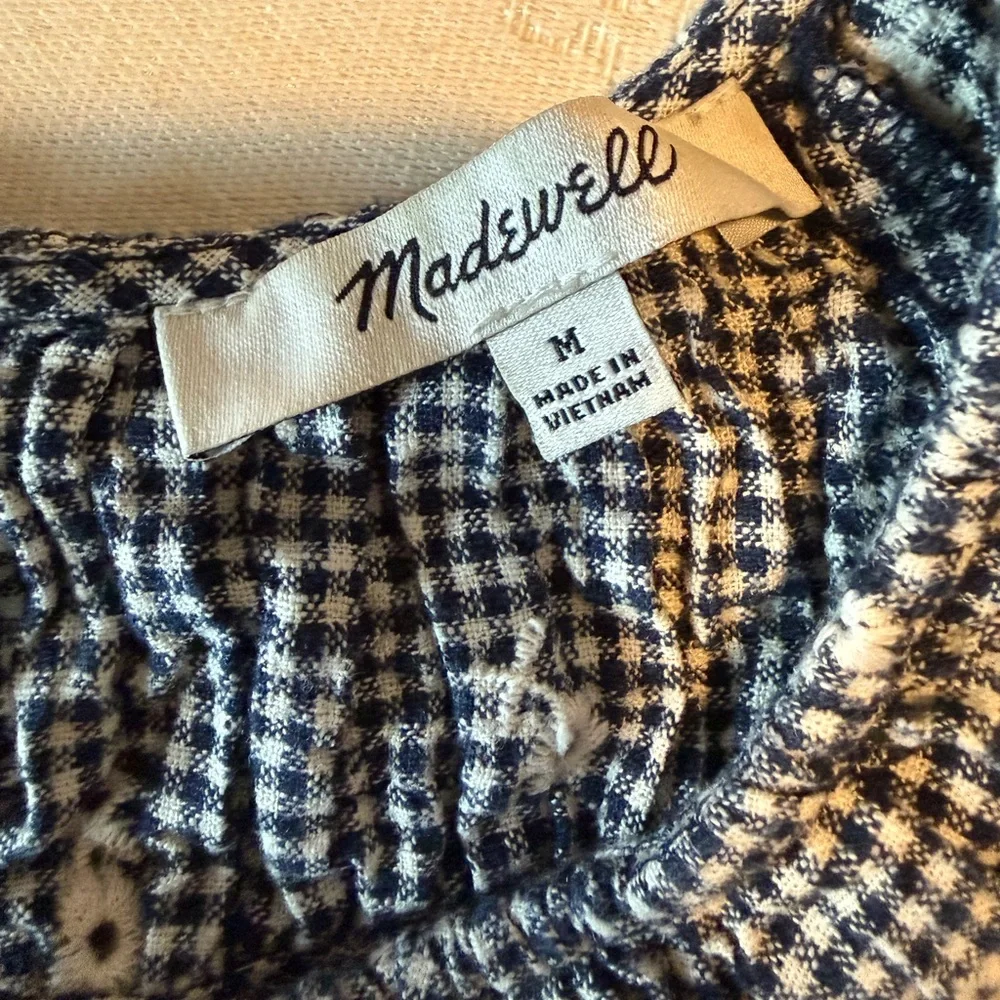 Madewell Embroidered Floral Gingham Ruffle Sleeve Peasant Top Black White M $88
